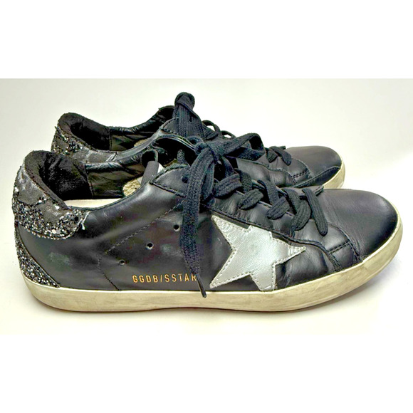 Golden Goose Superstar Black Glitter Sneakers EU 37 US Size 7 Leather Italy Used - Picture 1 of 9